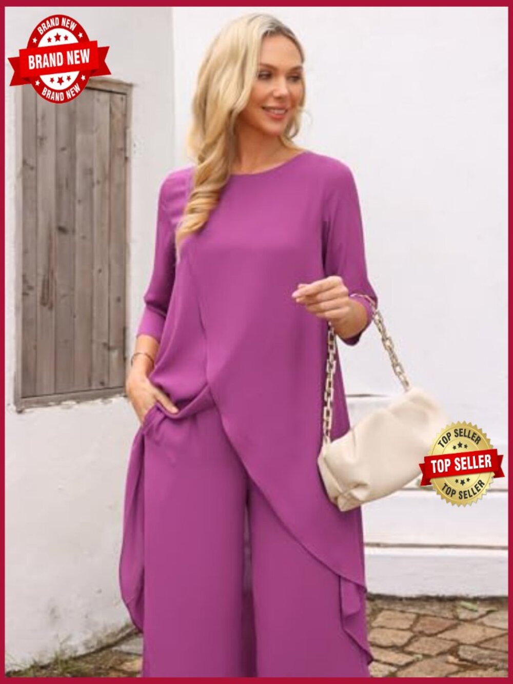 2 Piece Chiffon Pantsuit High Low Top Wide Leg Pants Set Formal Wedding Guest - Picture 5 of 7